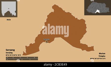 Shape of Sarpang, district of Bhutan, and its capital. Distance scale, previews and labels. Composition of patterned textures. 3D rendering Stock Photo