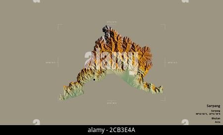 Area of Sarpang, district of Bhutan, isolated on a solid background in a georeferenced bounding box. Labels. Topographic relief map. 3D rendering Stock Photo