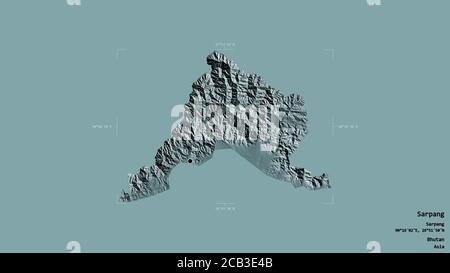 Area of Sarpang, district of Bhutan, isolated on a solid background in a georeferenced bounding box. Labels. Colored elevation map. 3D rendering Stock Photo