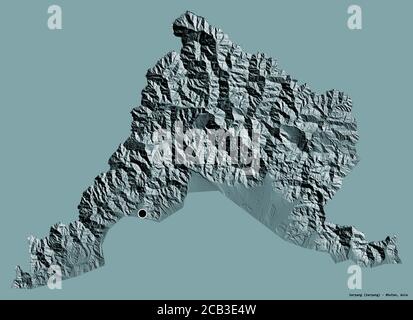 Shape of Sarpang, district of Bhutan, with its capital isolated on a solid color background. Colored elevation map. 3D rendering Stock Photo