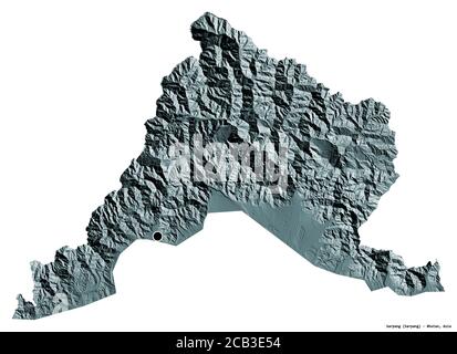 Shape of Sarpang, district of Bhutan, with its capital isolated on white background. Colored elevation map. 3D rendering Stock Photo