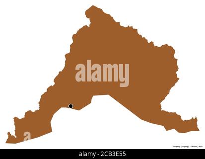 Shape of Sarpang, district of Bhutan, with its capital isolated on white background. Composition of patterned textures. 3D rendering Stock Photo