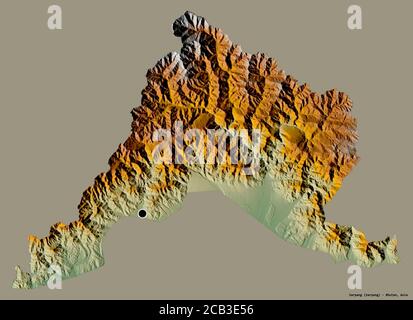 Shape of Sarpang, district of Bhutan, with its capital isolated on a solid color background. Topographic relief map. 3D rendering Stock Photo