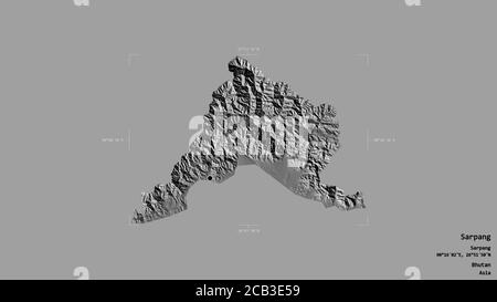 Area of Sarpang, district of Bhutan, isolated on a solid background in a georeferenced bounding box. Labels. Bilevel elevation map. 3D rendering Stock Photo