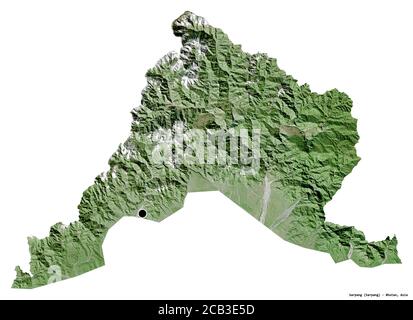 Shape of Sarpang, district of Bhutan, with its capital isolated on white background. Satellite imagery. 3D rendering Stock Photo