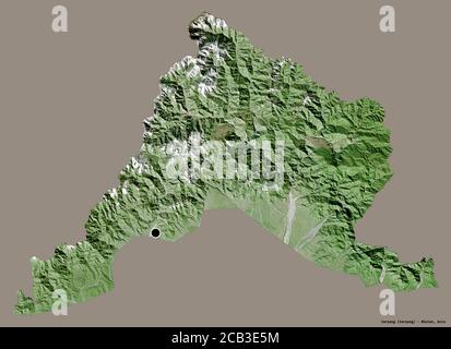 Shape of Sarpang, district of Bhutan, with its capital isolated on a solid color background. Satellite imagery. 3D rendering Stock Photo