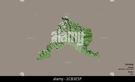 Area of Sarpang, district of Bhutan, isolated on a solid background in a georeferenced bounding box. Labels. Satellite imagery. 3D rendering Stock Photo