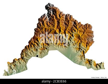 Shape of Sarpang, district of Bhutan, with its capital isolated on white background. Topographic relief map. 3D rendering Stock Photo