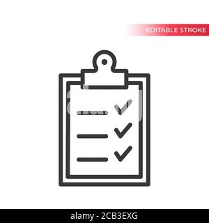 Office clipboard with checklist line vector icon. Tick mark, checklist on a clipboard simple outline symbol, editable stroke. Stock Vector
