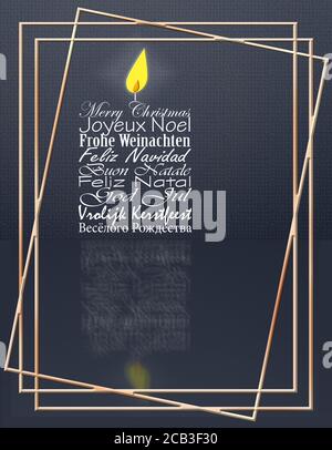 Luxury Merry Christmas wishes in multiple languages English, French, German, Portuguese, Italian, Spanish, Swedish, Dutch, Russian shape of candle on black background with gold frames. 3D illustration Stock Photo