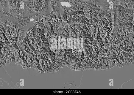 Extended area of Bhutan with country outline, international and regional borders. Bilevel elevation map. 3D rendering Stock Photo