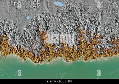 Extended area of Bhutan with country outline, international and regional borders. Topographic relief map. 3D rendering Stock Photo