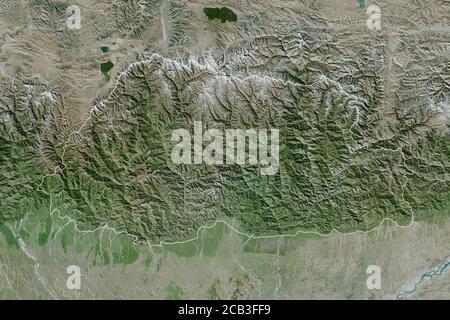 Extended area of Bhutan with country outline, international and regional borders. Satellite imagery. 3D rendering Stock Photo