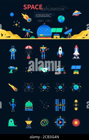 Space exploration - colorful flat design style web banner Stock Vector