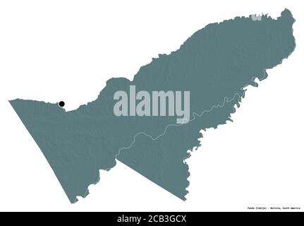 Shape of Pando, department of Bolivia, with its capital isolated on white background. Colored elevation map. 3D rendering Stock Photo
