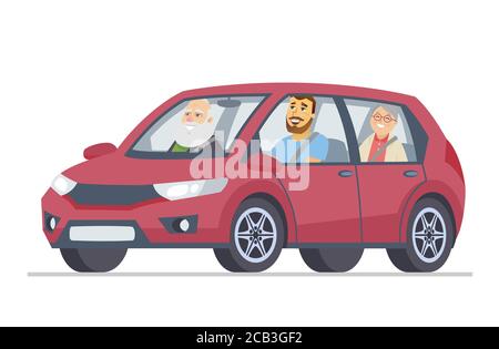 Grandparents in a car - cartoon people character vector illustration Stock Vector