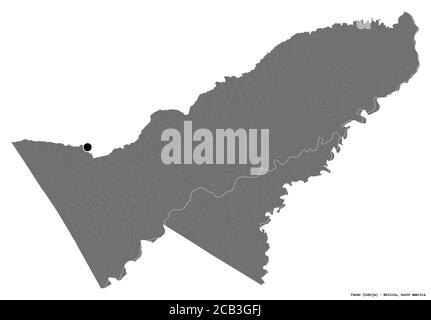 Shape of Pando, department of Bolivia, with its capital isolated on white background. Bilevel elevation map. 3D rendering Stock Photo