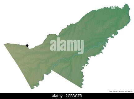 Shape of Pando, department of Bolivia, with its capital isolated on white background. Topographic relief map. 3D rendering Stock Photo
