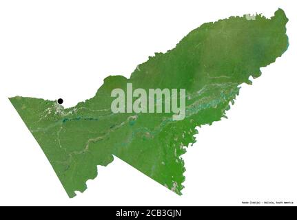 Shape of Pando, department of Bolivia, with its capital isolated on white background. Satellite imagery. 3D rendering Stock Photo