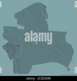 Shape of Santa Cruz, department of Bolivia, with its capital isolated on a solid color background. Colored elevation map. 3D rendering Stock Photo