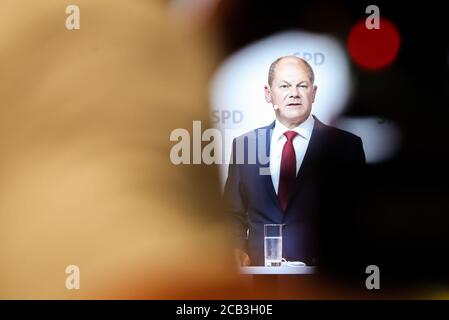 Berlin, Germany. 10th Aug, 2020. German Vice Chancellor and Finance Minister Olaf Scholz attends a press conference in Berlin, capital of Germany, Aug. 10, 2020. German Social Democratic Party (SPD) proposed Olaf Scholz as candidate for Chancellor at the upcoming election in 2021. Credit: Shan Yuqi/Xinhua/Alamy Live News Stock Photo