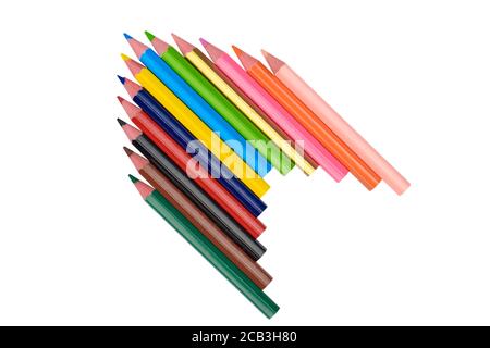 One arrow pattern made with some different wood pencil crayons on white paper background Stock Photo