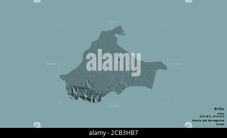 Area of Brčko, district of Bosnia and Herzegovina, isolated on a solid background in a georeferenced bounding box. Labels. Colored elevation map. 3D r Stock Photo