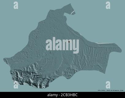 Shape of Brčko, district of Bosnia and Herzegovina, with its capital isolated on a solid color background. Colored elevation map. 3D rendering Stock Photo