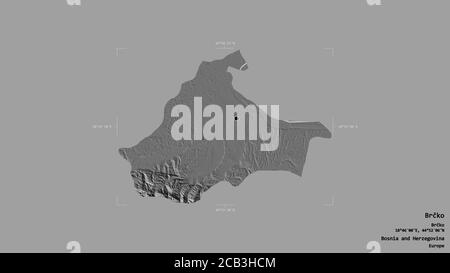 Area of Brčko, district of Bosnia and Herzegovina, isolated on a solid background in a georeferenced bounding box. Labels. Bilevel elevation map. 3D r Stock Photo