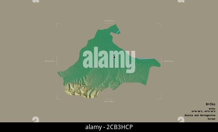 Area of Brčko, district of Bosnia and Herzegovina, isolated on a solid background in a georeferenced bounding box. Labels. Topographic relief map. 3D Stock Photo