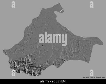 Shape of Brčko, district of Bosnia and Herzegovina, with its capital isolated on a solid color background. Bilevel elevation map. 3D rendering Stock Photo