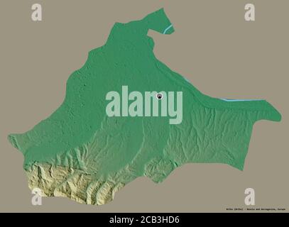 Shape of Brčko, district of Bosnia and Herzegovina, with its capital isolated on a solid color background. Topographic relief map. 3D rendering Stock Photo