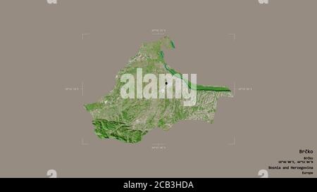 Area of Brčko, district of Bosnia and Herzegovina, isolated on a solid background in a georeferenced bounding box. Labels. Satellite imagery. 3D rende Stock Photo