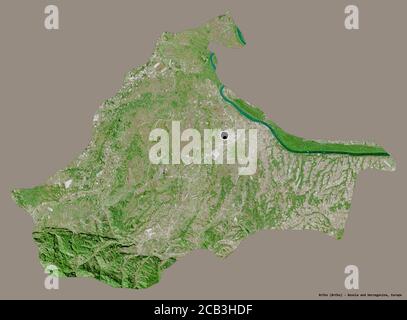 Shape of Brčko, district of Bosnia and Herzegovina, with its capital isolated on a solid color background. Satellite imagery. 3D rendering Stock Photo