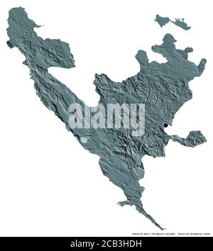 Shape of Federacija Bosna i Hercegovina, entity of Bosnia and Herzegovina, with its capital isolated on white background. Colored elevation map. 3D re Stock Photo