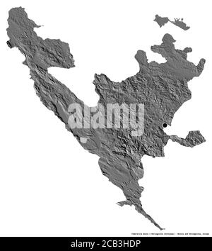 Shape of Federacija Bosna i Hercegovina, entity of Bosnia and Herzegovina, with its capital isolated on white background. Bilevel elevation map. 3D re Stock Photo