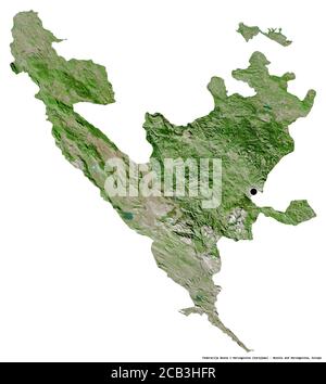 Shape of Federacija Bosna i Hercegovina, entity of Bosnia and Herzegovina, with its capital isolated on white background. Satellite imagery. 3D render Stock Photo