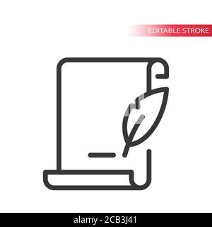 Signing contract or document line vector icon. Sheet of paper, paperwork with a quill pen outline symbol, editable stroke. Stock Vector