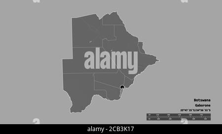 Desaturated shape of Botswana with its capital, main regional division and the separated South-East area. Labels. Bilevel elevation map. 3D rendering Stock Photo