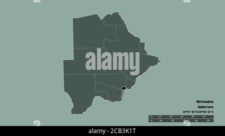 Desaturated shape of Botswana with its capital, main regional division and the separated South-East area. Labels. Colored elevation map. 3D rendering Stock Photo