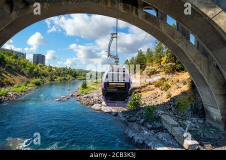 View from a gondola on a cable above the Spokane River at Riverfront Park, Spokane Washington, USA Stock Photo