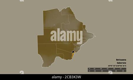 Desaturated shape of Botswana with its capital, main regional division and the separated South-East area. Labels. Topographic relief map. 3D rendering Stock Photo