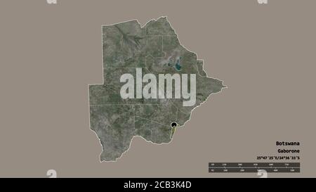 Desaturated shape of Botswana with its capital, main regional division and the separated South-East area. Labels. Satellite imagery. 3D rendering Stock Photo