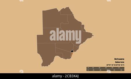 Desaturated shape of Botswana with its capital, main regional division and the separated South-East area. Labels. Composition of patterned textures. 3 Stock Photo