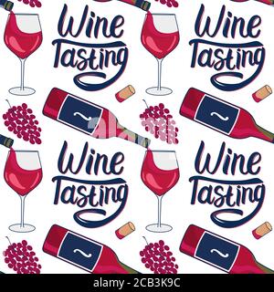 Seamless pattern Red wine is poured into a glass from a bottle. Wine tasting lettering inscription. Vector hand drawn illustration isolated on white Stock Vector