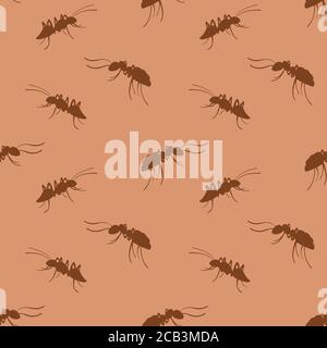 Ants seamless pattern. Brown hand drawn insects on beige background. Vector illustration. Stock Vector