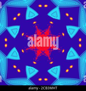 Geometric red star kaleidoscope gold seamless pattern. Abstract multicolored background. Illustration for design. Bright flower. Stock Photo