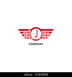 Letter J Initial Abjad Logo Design Template. Rounded Wings, Ellipse Shape and Alphabet Logo Concept. Red Color Theme. Isolated On White Background. Stock Vector