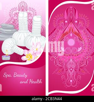 Vector illustration of a vertical banner template with herbal pouches for spa massage and stones. Design for a spa, massage and beauty salon, relax, aromatherapy, organic health care products Stock Vector