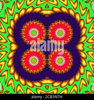 Geometric kaleidoscope gold and red seamless pattern. Abstract green multicolored background. Illustration for design. Bright flower. Stock Photo